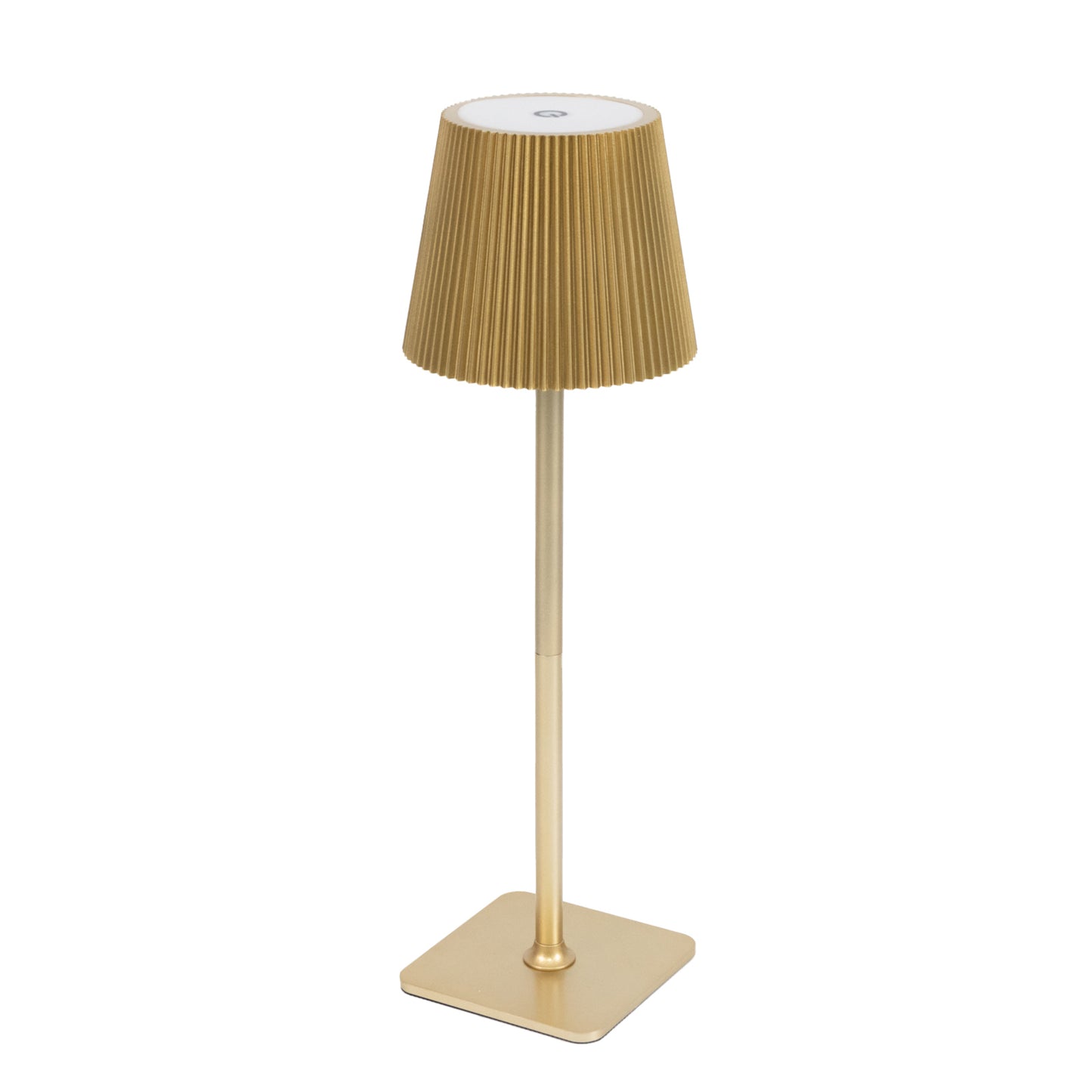 Gold cordless LED table lamp with adjustable height and ribbed shade.