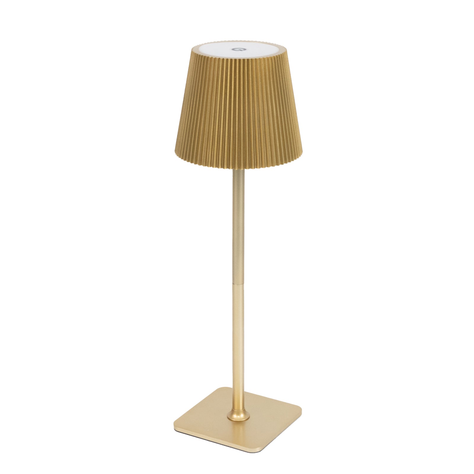 Gold cordless LED table lamp with adjustable height and ribbed shade.