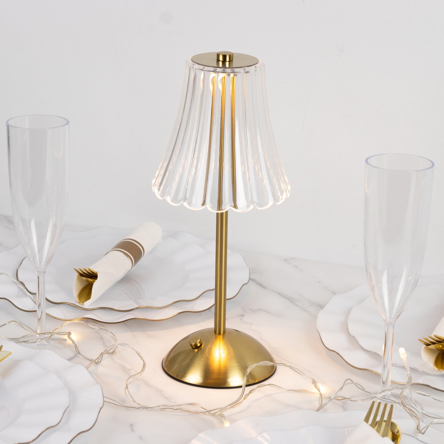 12" Gold Metal LED Table Lamp – Modern Fluted Acrylic Shade, USB Rechargeable Cordless Touch Dimmabl