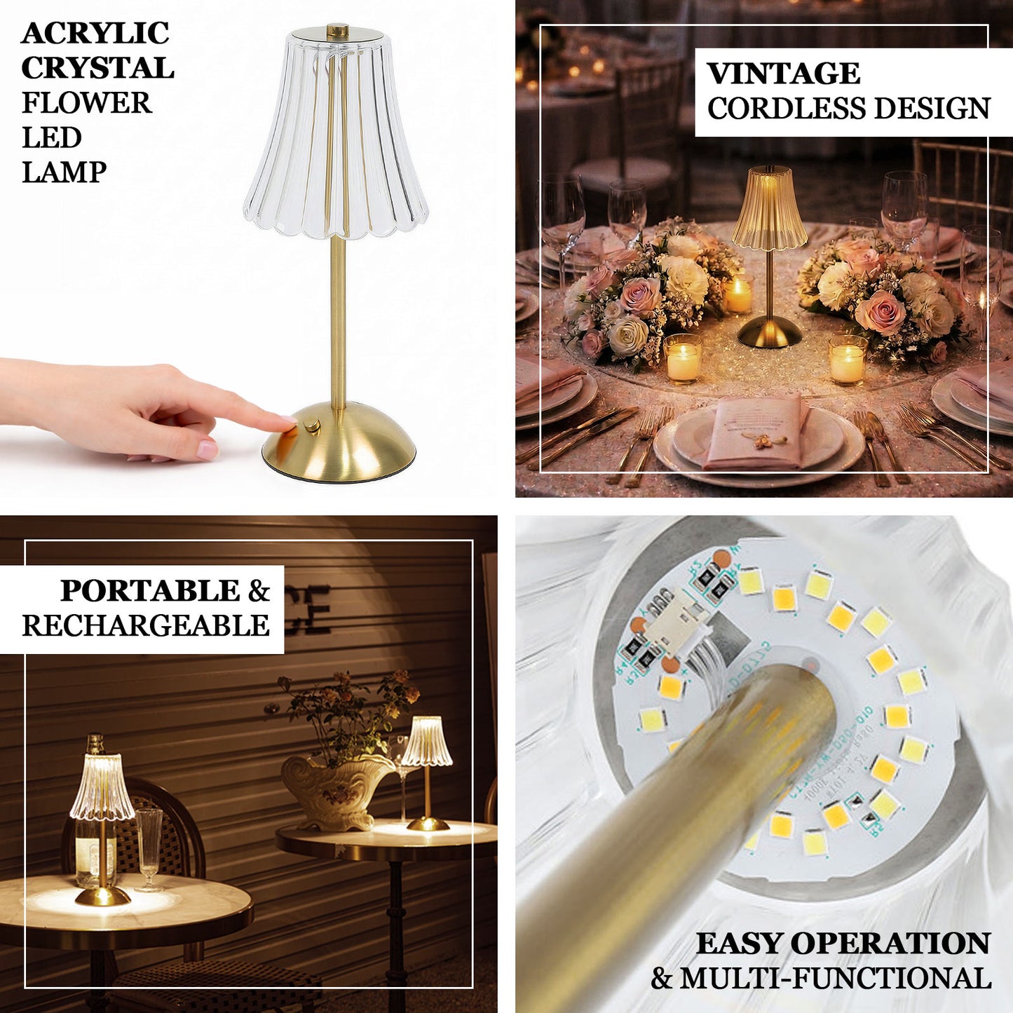 Gold acrylic crystal flower LED table lamp featuring a cordless rechargeable design