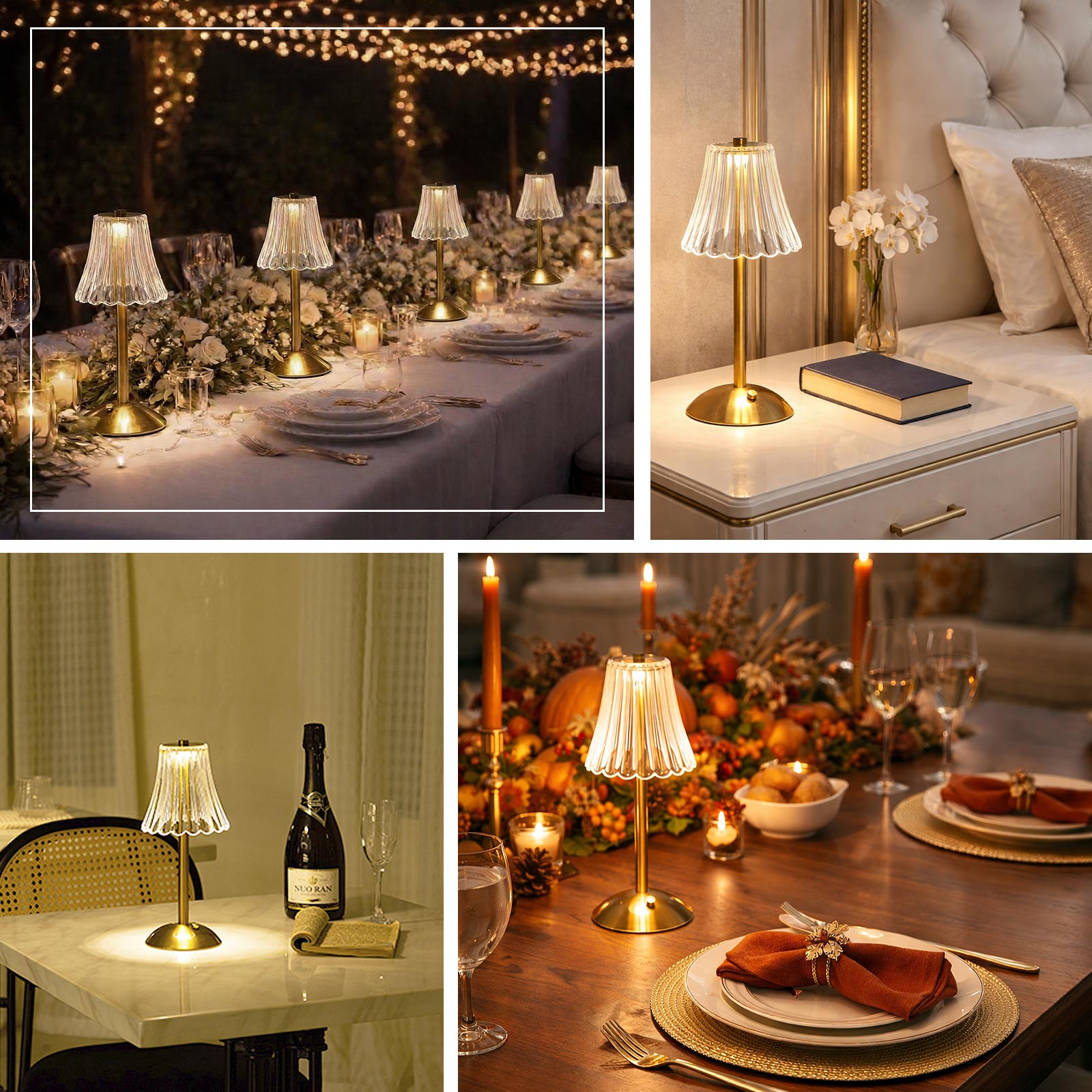 Rechargeable gold acrylic crystal LED lamps illuminating an elegant wedding reception table with flo