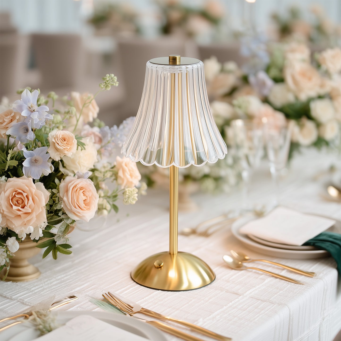 12" Gold Metal LED Table Lamp – Modern Fluted Acrylic Shade, USB Rechargeable Cordless Touch Dimmabl