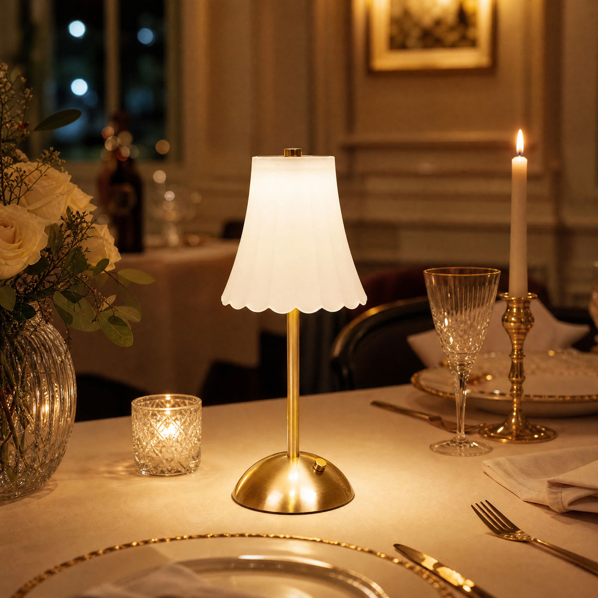 12" Gold Metal LED Table Lamp – Modern Fluted White Acrylic Shade, USB Rechargeable Cordless Touch D