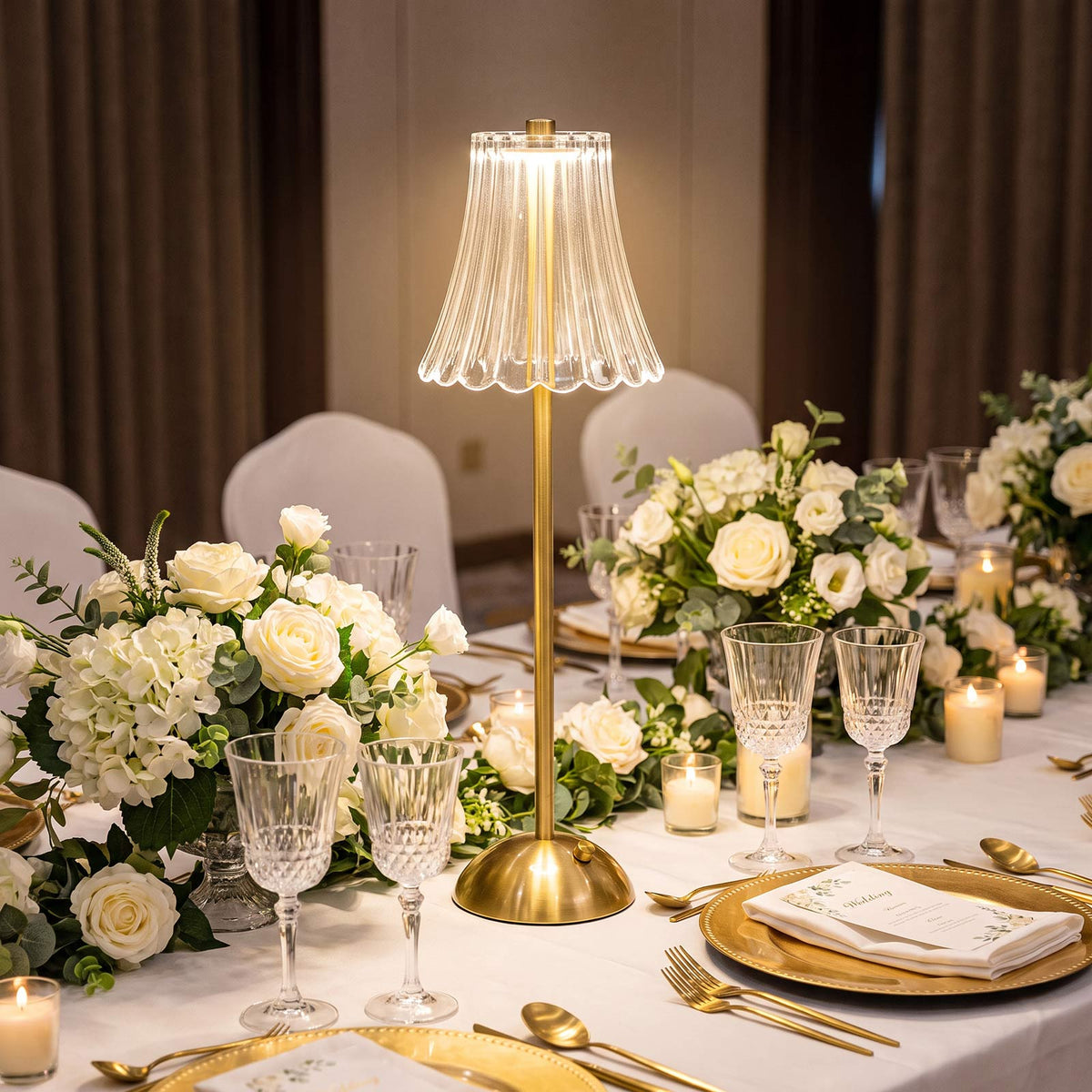20" Gold Metal LED Table Lamp – Modern Fluted Clear Shade, USB Rechargeable Cordless Touch Dimmable,