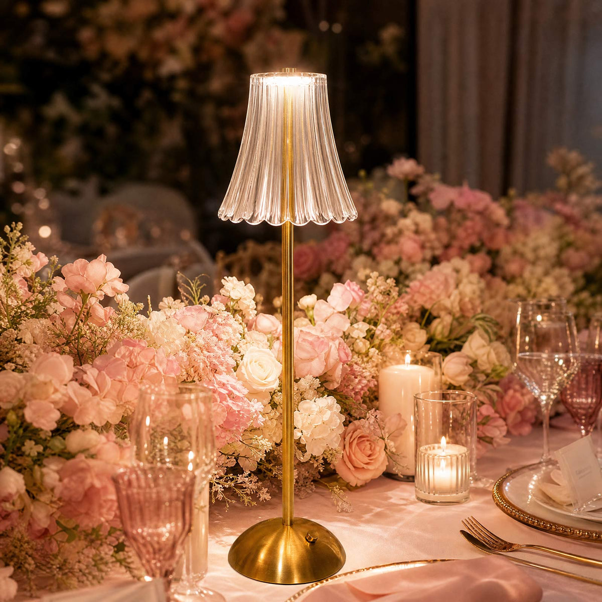 20" Gold Metal LED Table Lamp – Modern Fluted Clear Shade, USB Rechargeable Cordless Touch Dimmable,