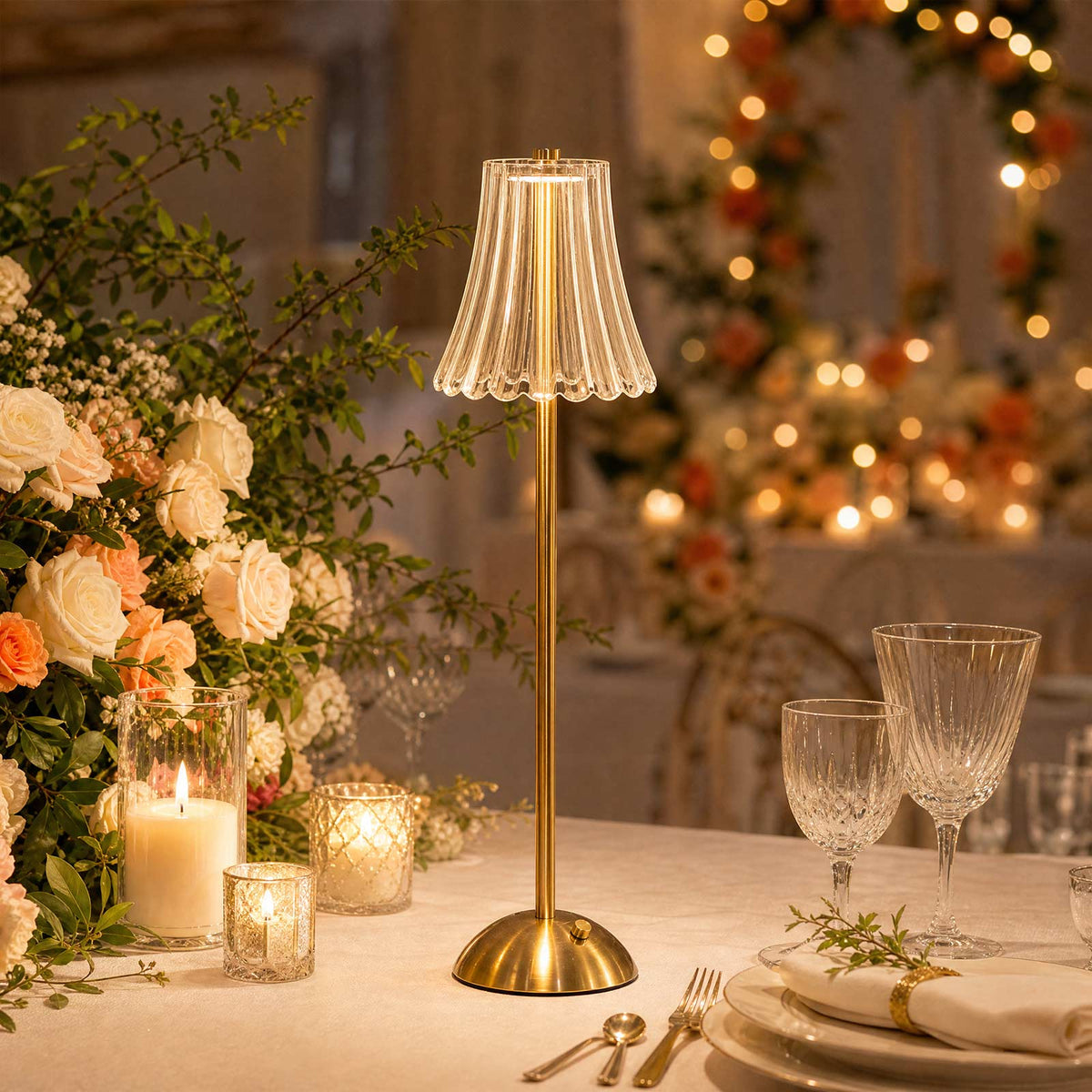 20" Gold Metal LED Table Lamp – Modern Fluted Clear Shade, USB Rechargeable Cordless Touch Dimmable,