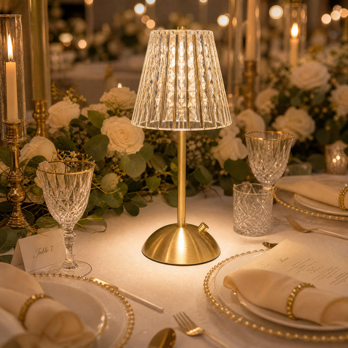 12" Gold Metal LED Table Lamp – Modern Diamond Cut Clear Acrylic Shade, USB Rechargeable Cordless To