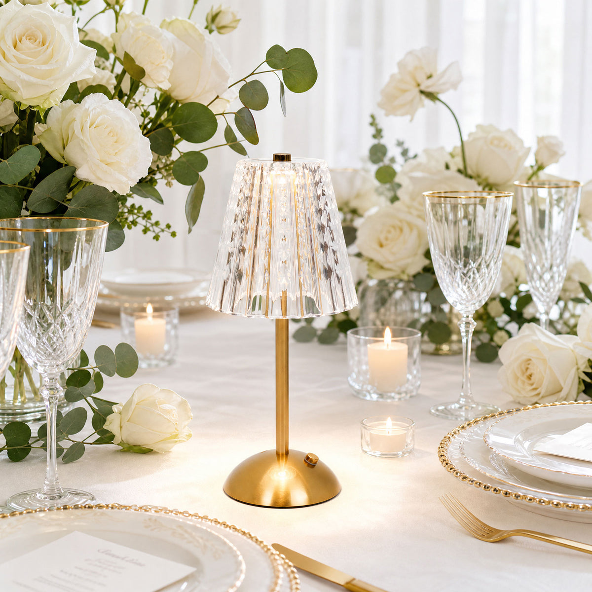 12" Gold Metal LED Table Lamp – Modern Diamond Cut Clear Acrylic Shade, USB Rechargeable Cordless To
