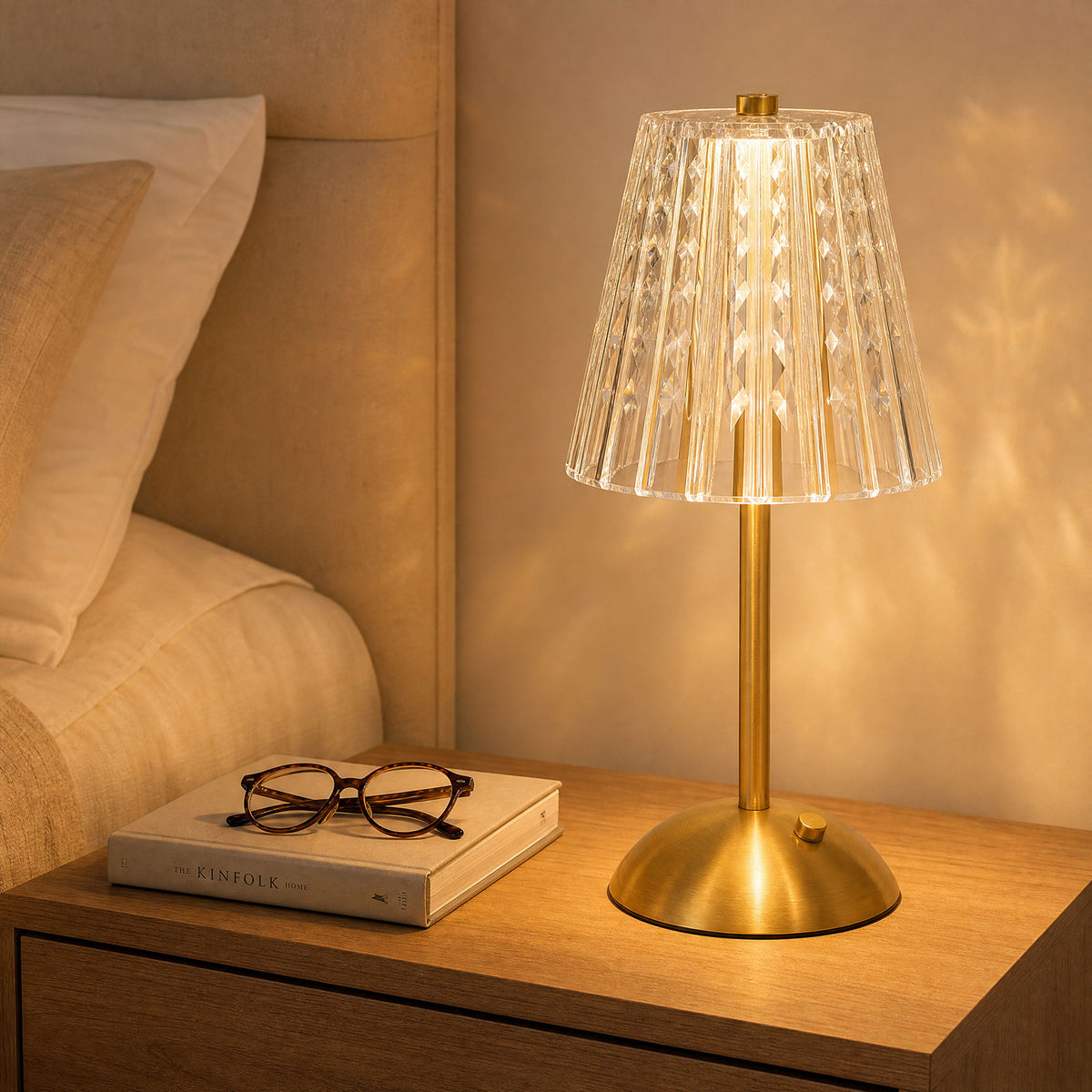 12" Gold Metal LED Table Lamp – Modern Diamond Cut Clear Acrylic Shade, USB Rechargeable Cordless To