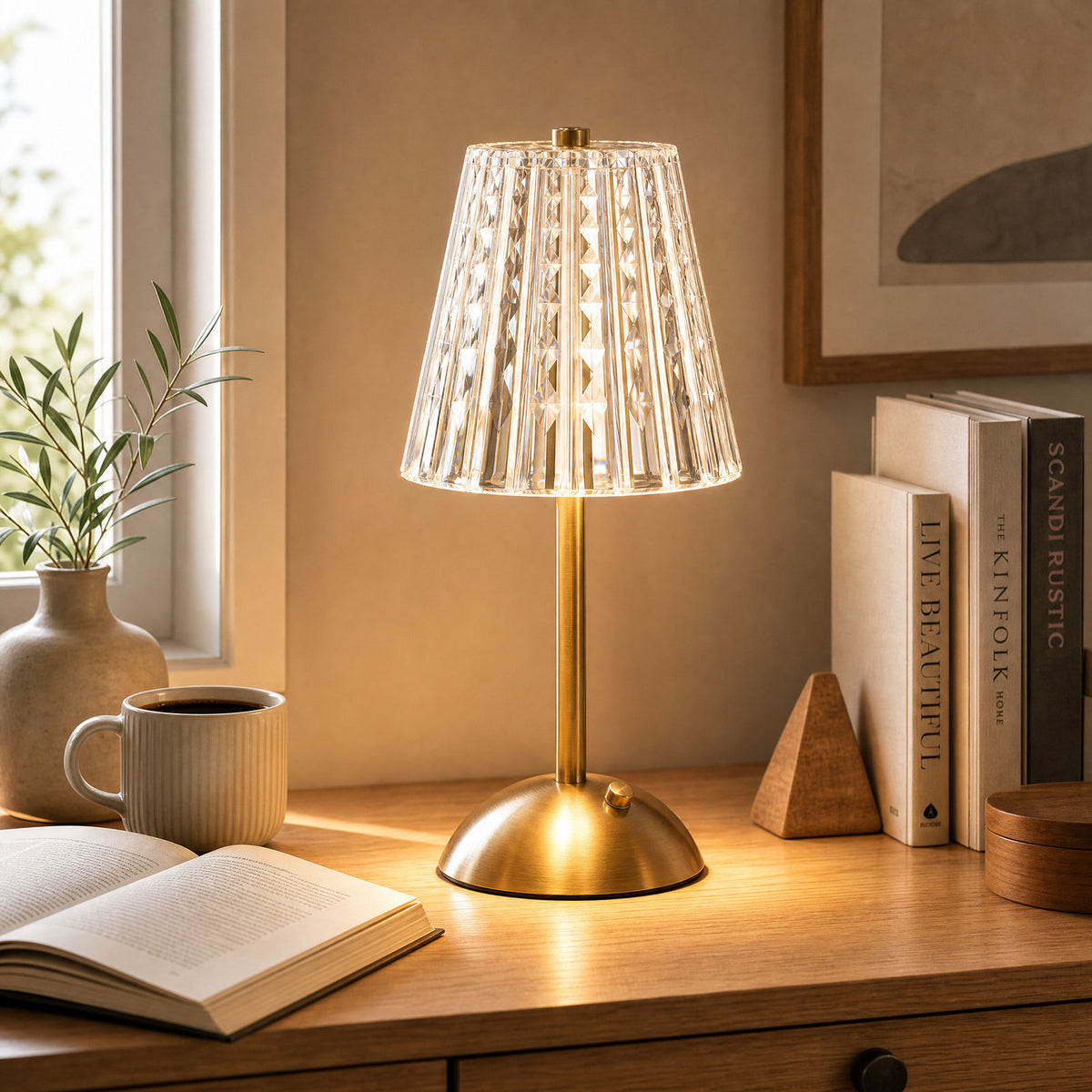 12" Gold Metal LED Table Lamp – Modern Diamond Cut Clear Acrylic Shade, USB Rechargeable Cordless To