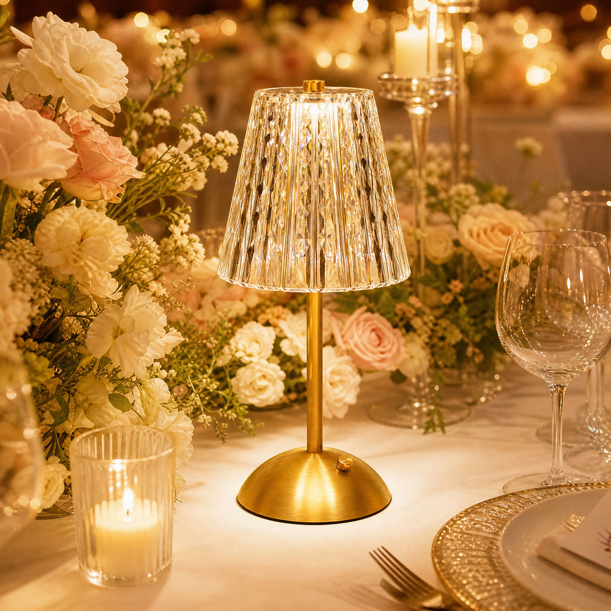 12" Gold Metal LED Table Lamp – Modern Diamond Cut Clear Acrylic Shade, USB Rechargeable Cordless To