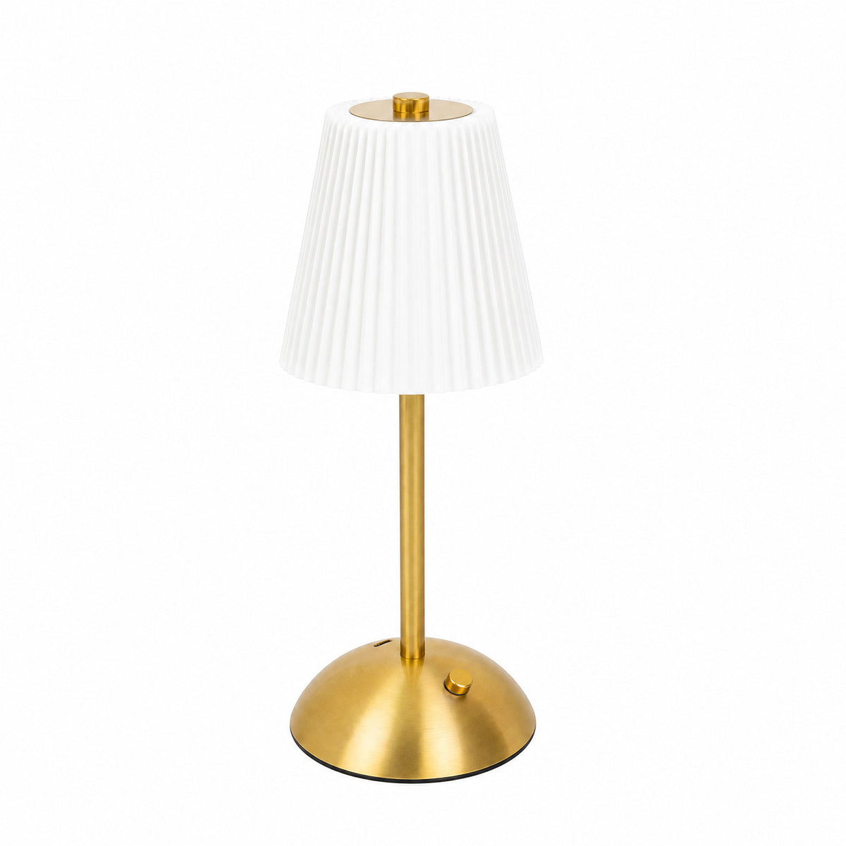 12" Gold Metal LED Table Lamp – White Pleated Shade, USB Rechargeable Cordless Touch Control, Dimmab