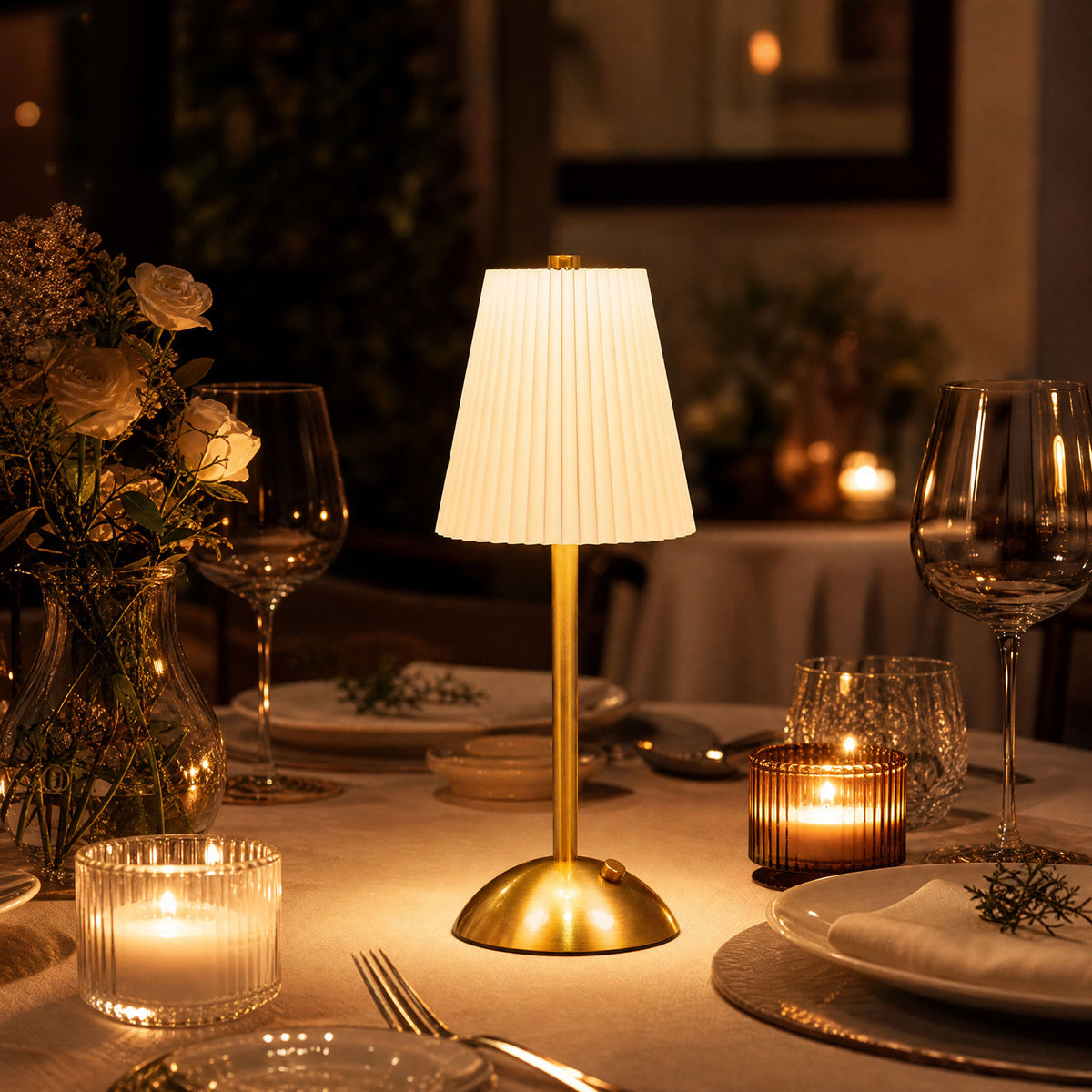 12" Gold Metal LED Table Lamp – White Pleated Shade, USB Rechargeable Cordless Touch Control, Dimmab