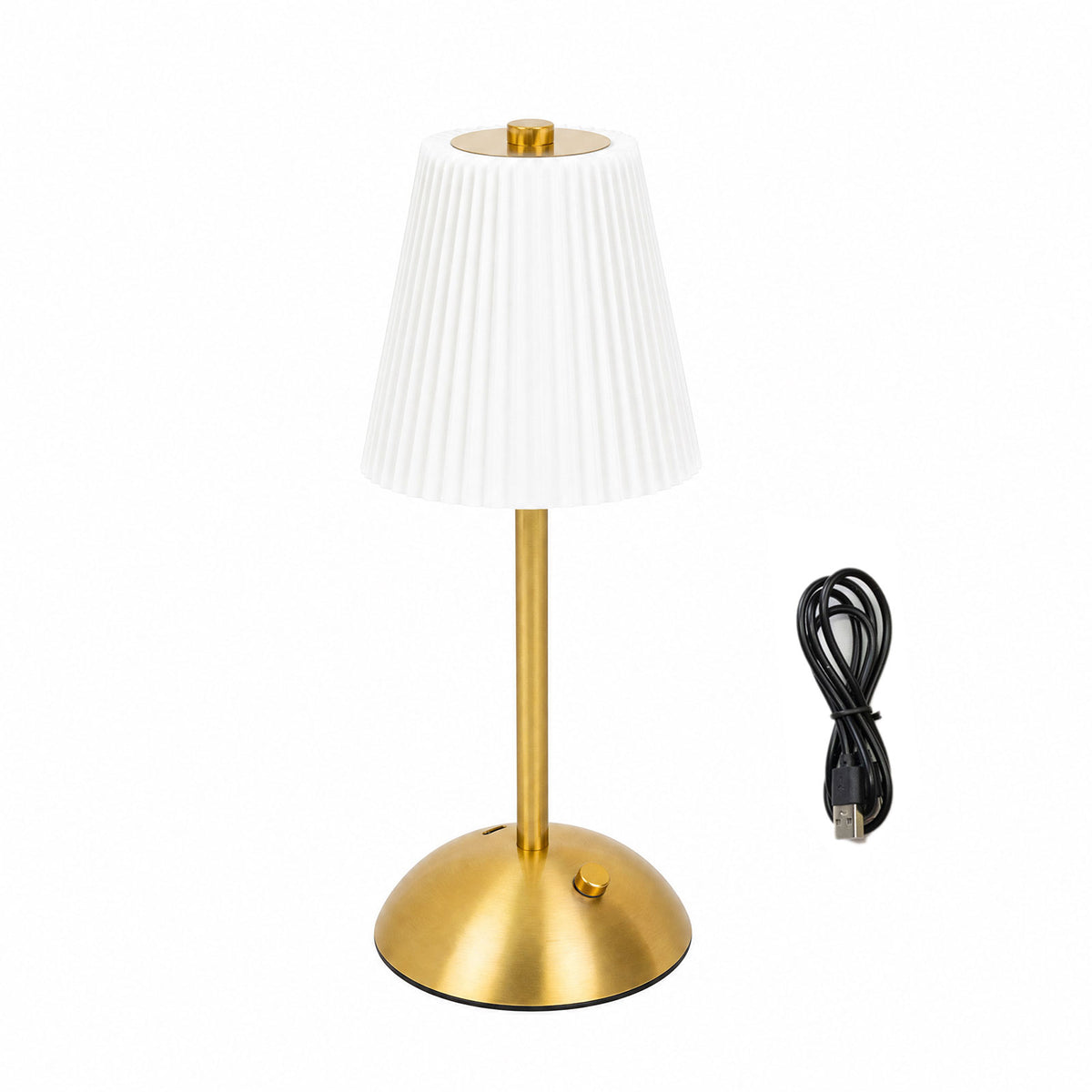 12" Gold Metal LED Table Lamp – White Pleated Shade, USB Rechargeable Cordless Touch Control, Dimmab