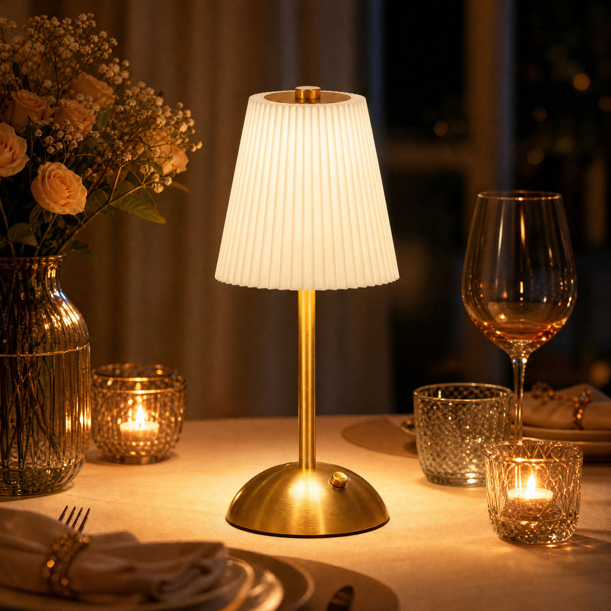 12" Gold Metal LED Table Lamp – White Pleated Shade, USB Rechargeable Cordless Touch Control, Dimmab