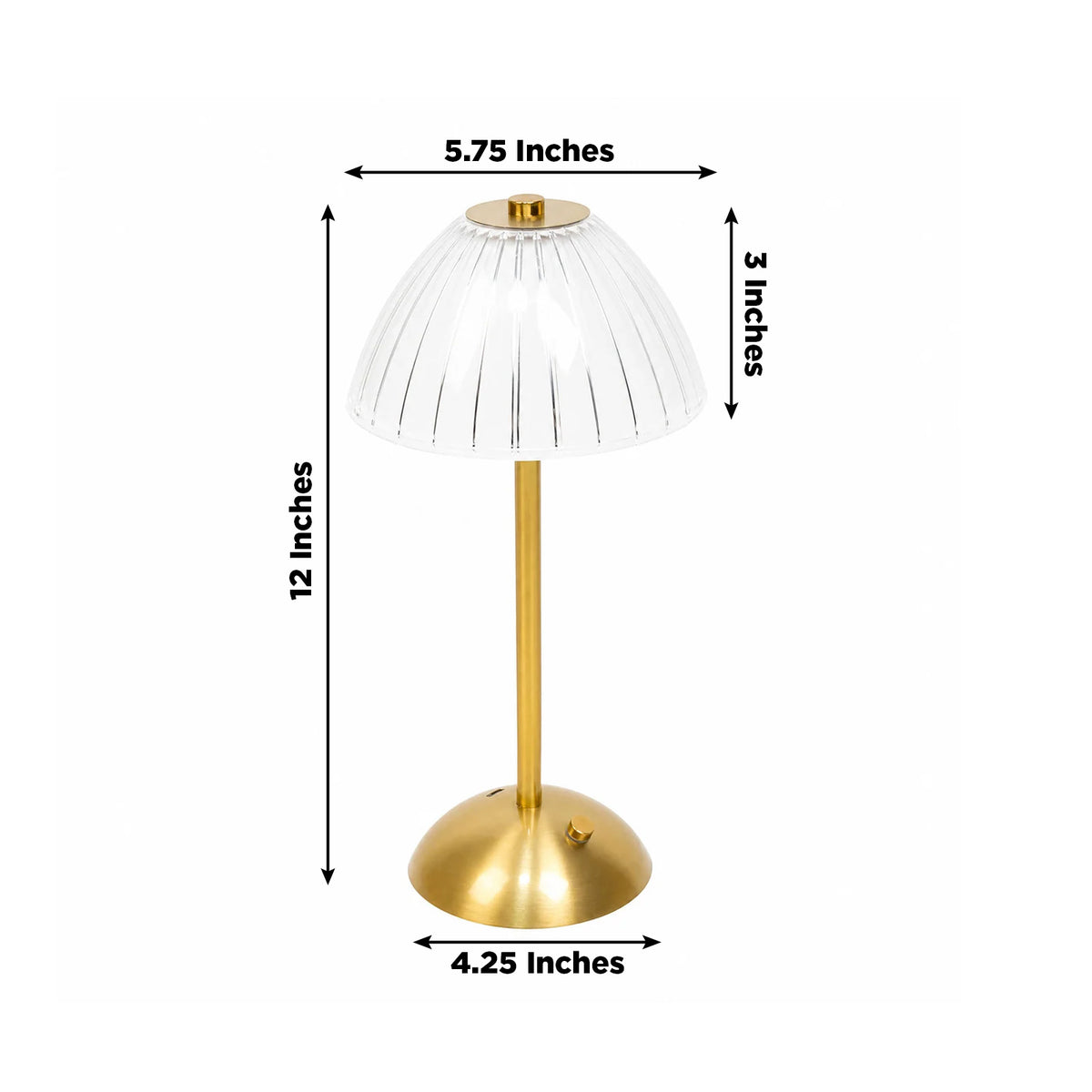 12" Gold Metal LED Table Lamp, White Ribbed Dome Shade, USB Rechargeable Cordless Touch Control, Dim