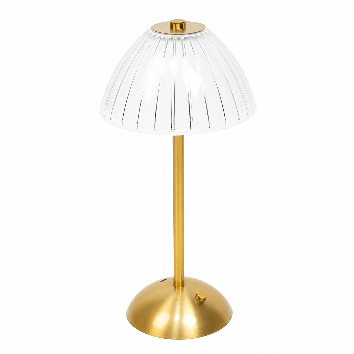 12" Gold Metal LED Table Lamp, White Ribbed Dome Shade, USB Rechargeable Cordless Touch Control, Dim