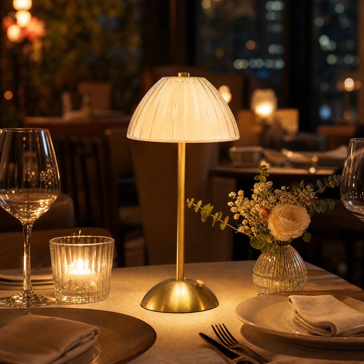 12" Gold Metal LED Table Lamp, White Ribbed Dome Shade, USB Rechargeable Cordless Touch Control, Dim