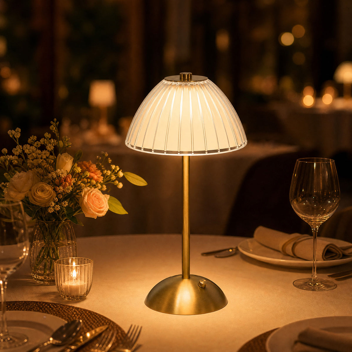 12" Gold Metal LED Table Lamp, White Ribbed Dome Shade, USB Rechargeable Cordless Touch Control, Dim