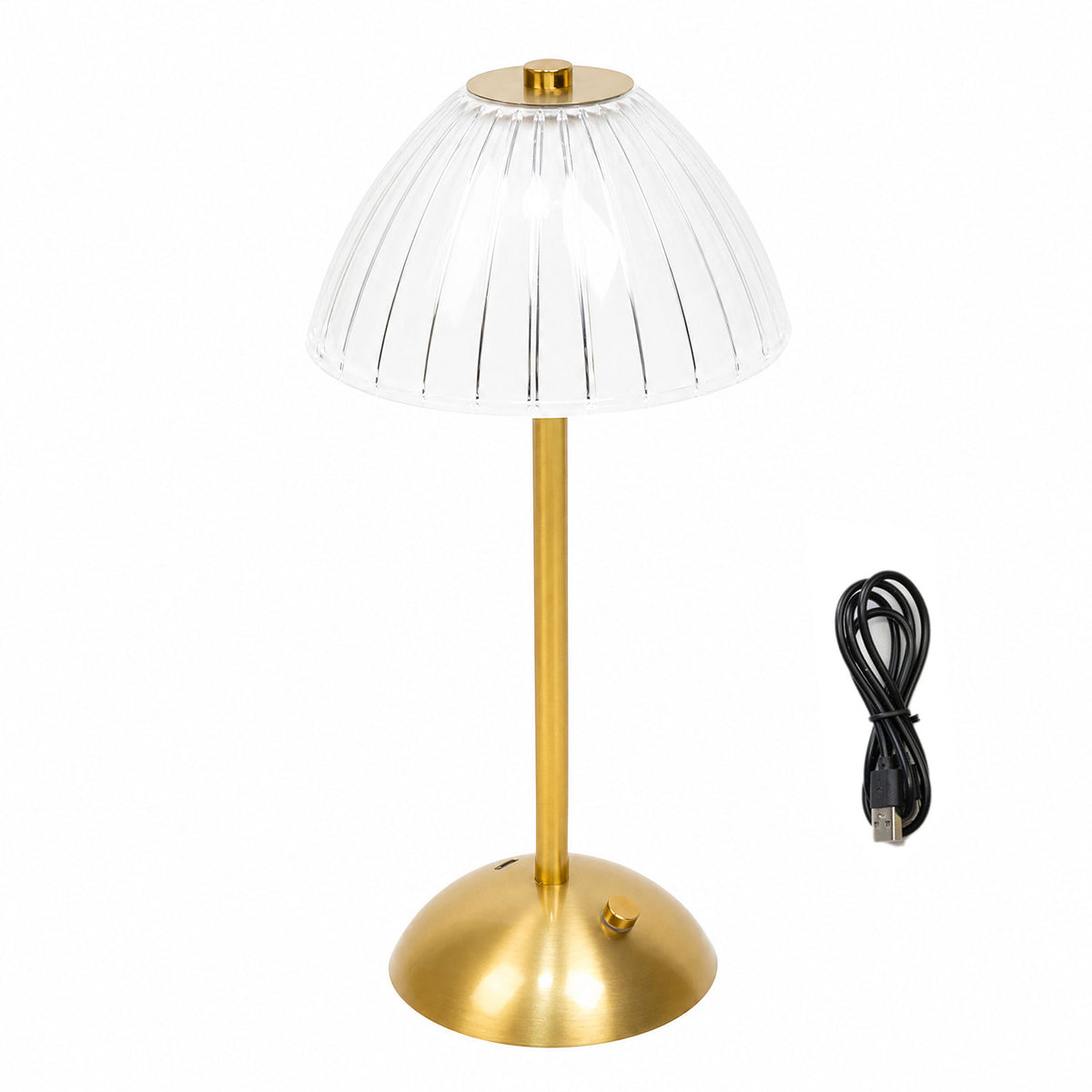 12" Gold Metal LED Table Lamp, White Ribbed Dome Shade, USB Rechargeable Cordless Touch Control, Dim