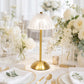 12" Gold Metal LED Table Lamp, White Ribbed Dome Shade, USB Rechargeable Cordless Touch Control, Dim
