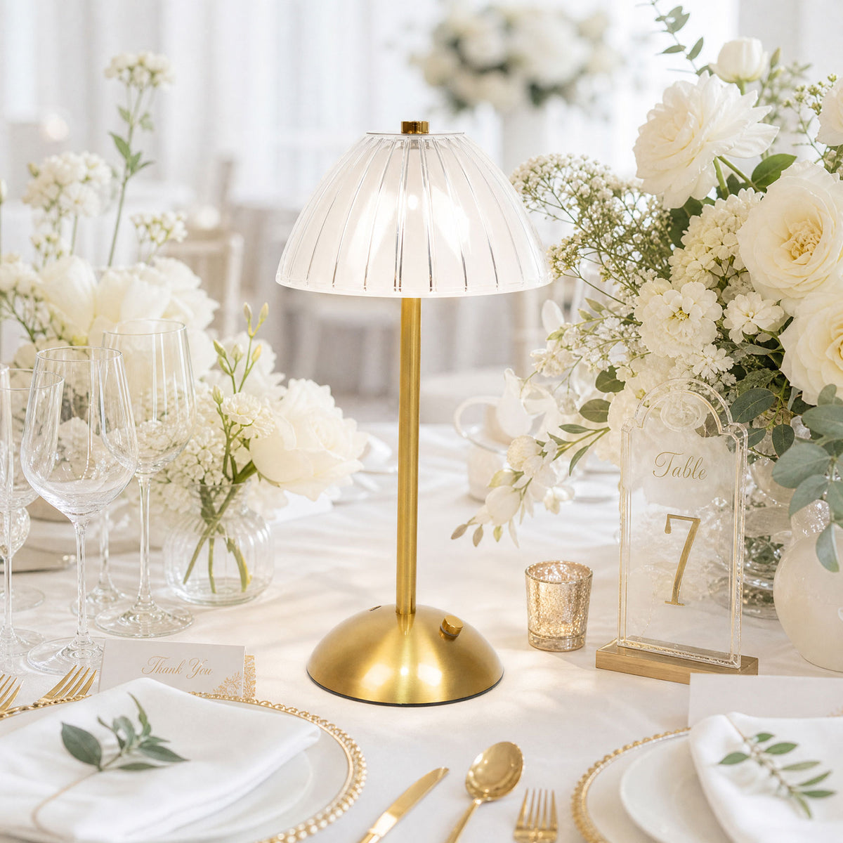 12" Gold Metal LED Table Lamp, White Ribbed Dome Shade, USB Rechargeable Cordless Touch Control, Dim