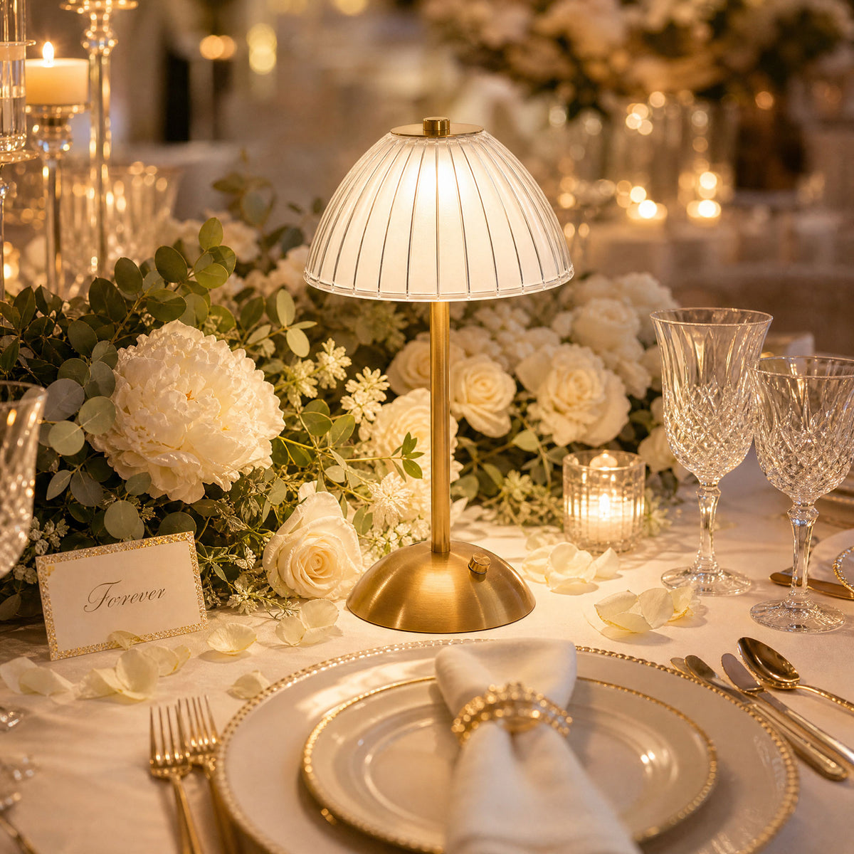 12" Gold Metal LED Table Lamp, White Ribbed Dome Shade, USB Rechargeable Cordless Touch Control, Dim