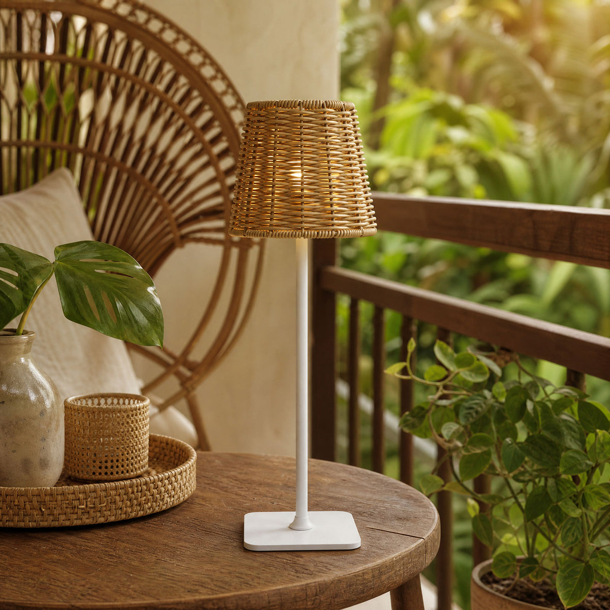 15" Natural Faux Rattan Shade LED Table Lamp – Cordless Rechargeable, Touch Dimmable, 3 Light Colors