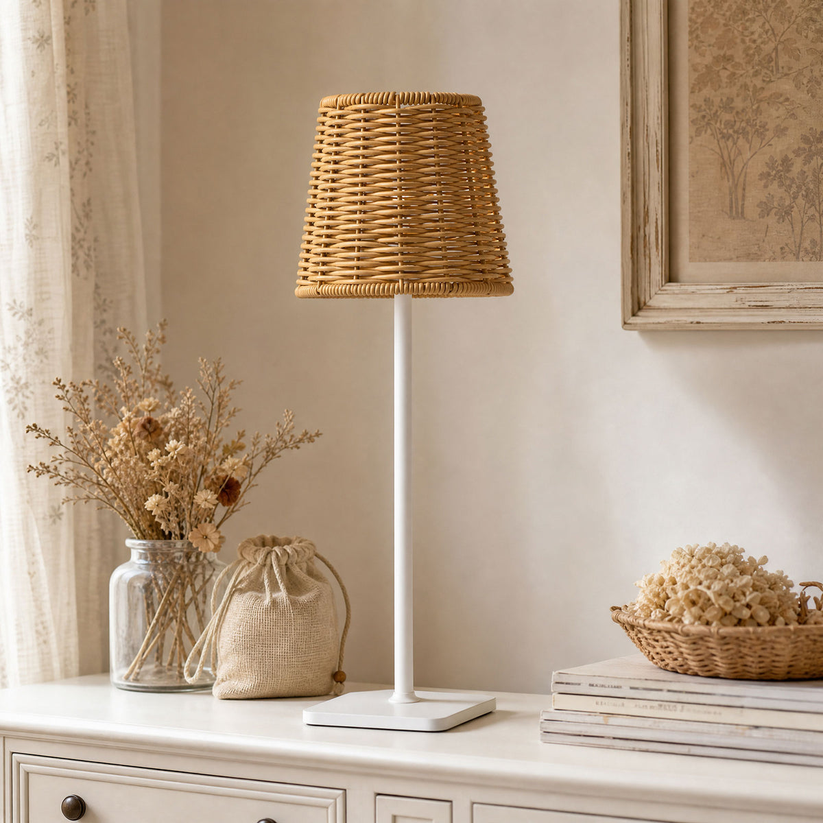 15" Natural Faux Rattan Shade LED Table Lamp – Cordless Rechargeable, Touch Dimmable, 3 Light Colors