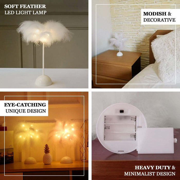 15" LED blush feather table lamp, battery-operated, cordless desk light.