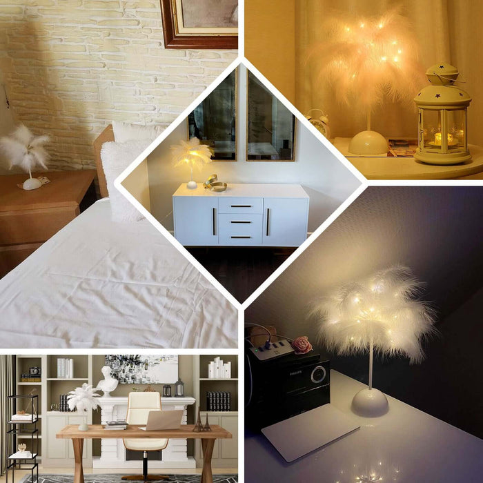 Black feather LED table lamp centerpiece, battery operated and cordless.