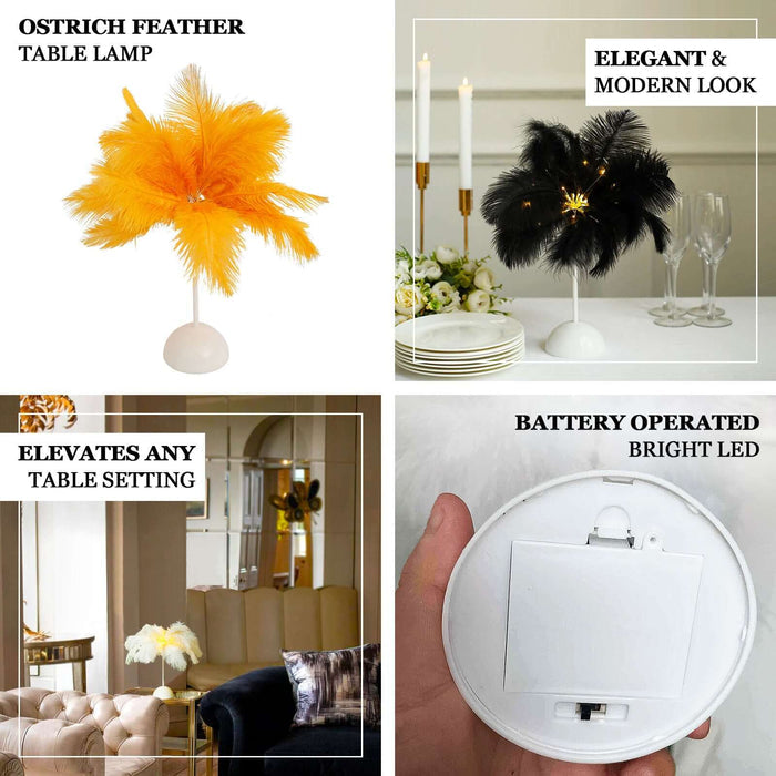 Battery-operated white ostrich feather table lamp centerpiece for weddings.