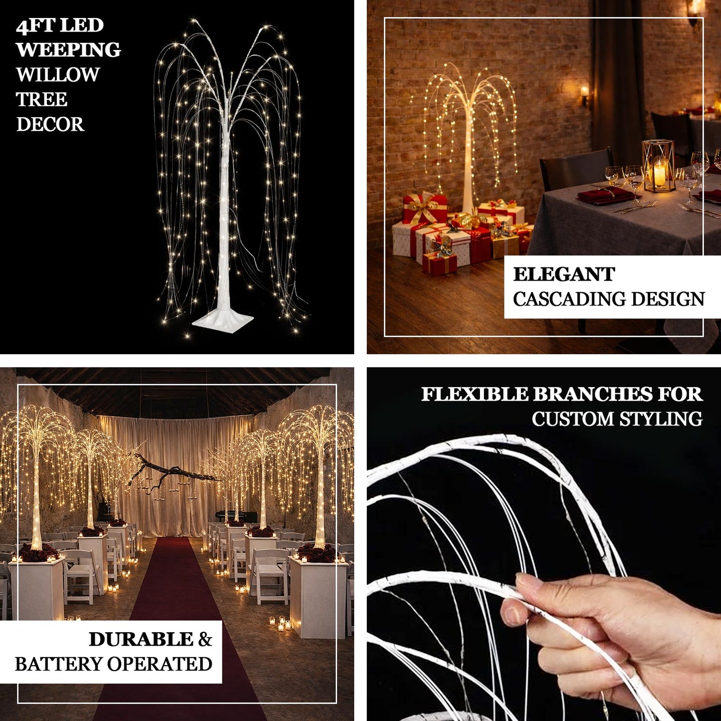 4ft white LED weeping willow tree light with warm white LEDs, perfect for decor.