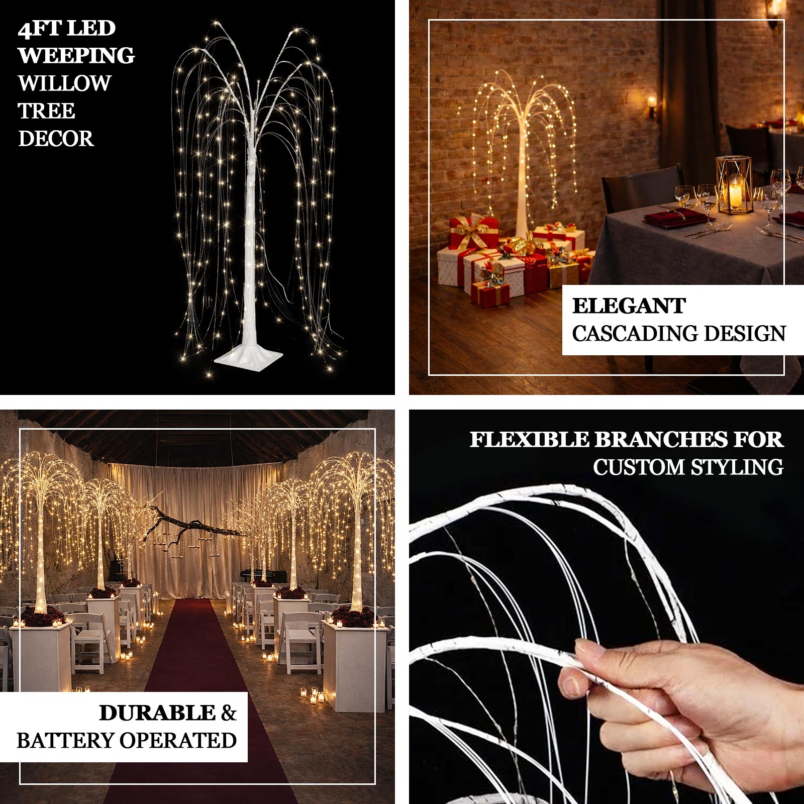 4ft white LED weeping willow tree light with warm white LEDs, perfect for decor.