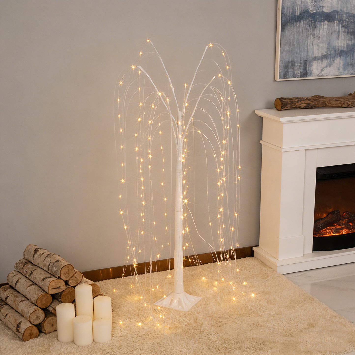 White LED weeping willow tree light with warm white LEDs, 4ft tall.