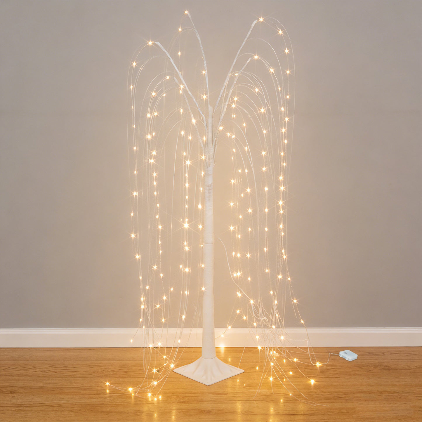 White LED weeping willow tree light with 180 warm white LEDs.