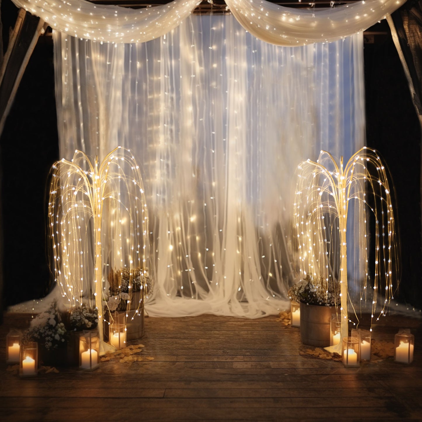 Warm white LED artificial weeping willow tree centerpiece with fairy lights.