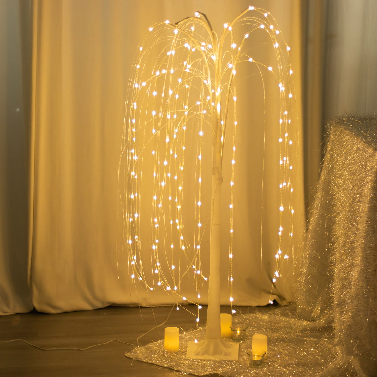 Warm white LED weeping willow tree centerpiece with fairy lights.