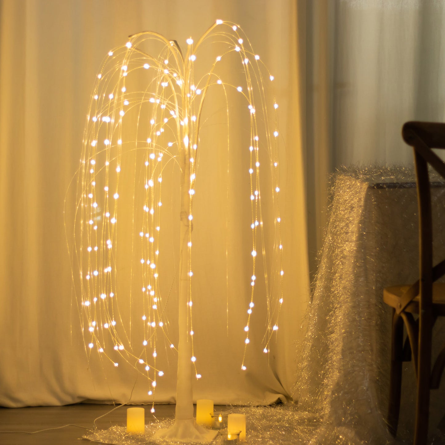 Warm white LED weeping willow tree centerpiece with fairy lights.