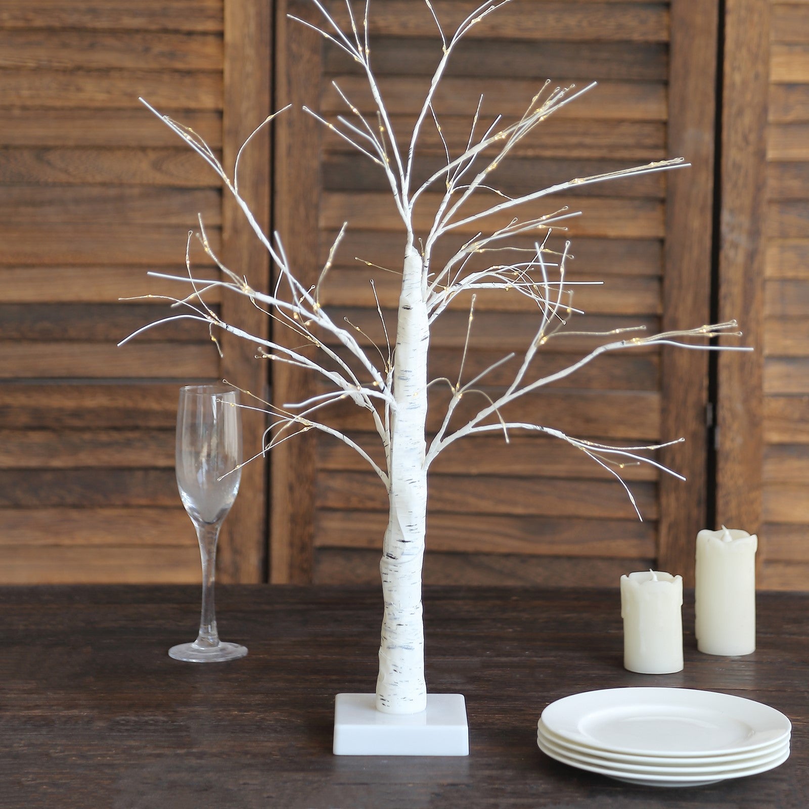 White artificial LED birch tree lamp centerpiece with warm white light.