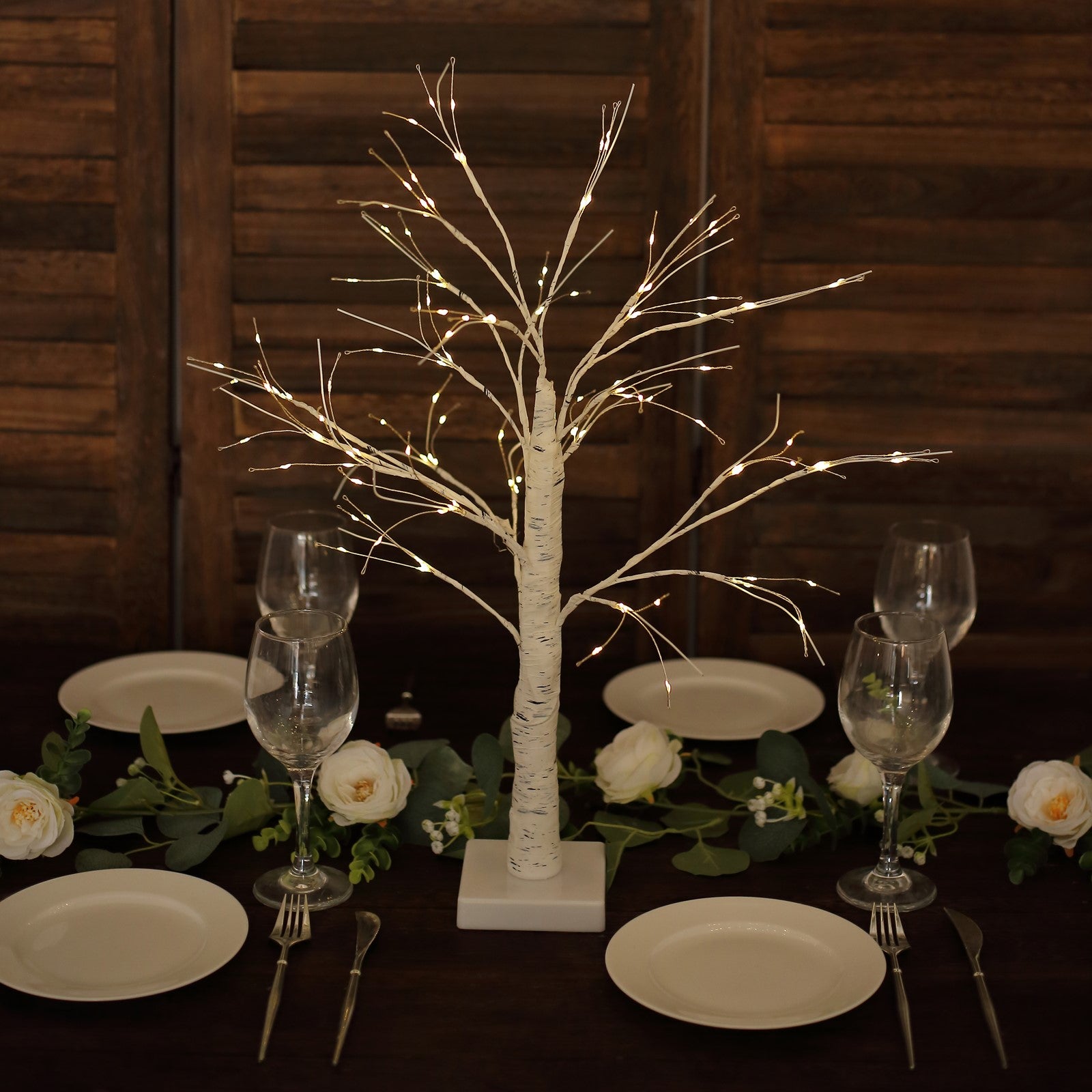 White artificial LED birch tree lamp with warm white lights centerpiece.