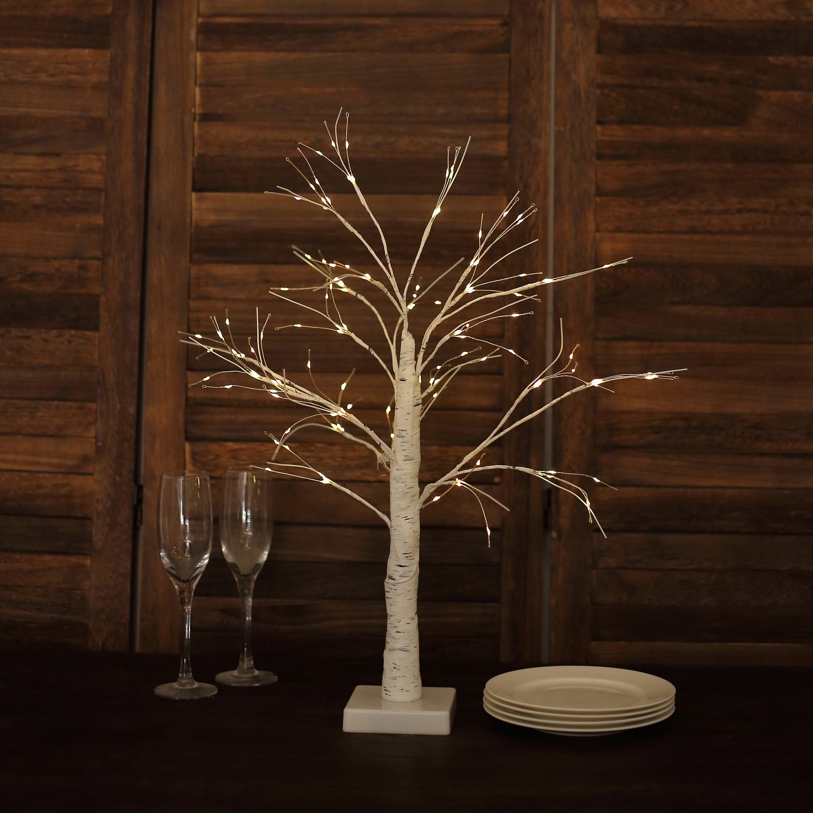White artificial LED birch tree lamp with warm white lights.