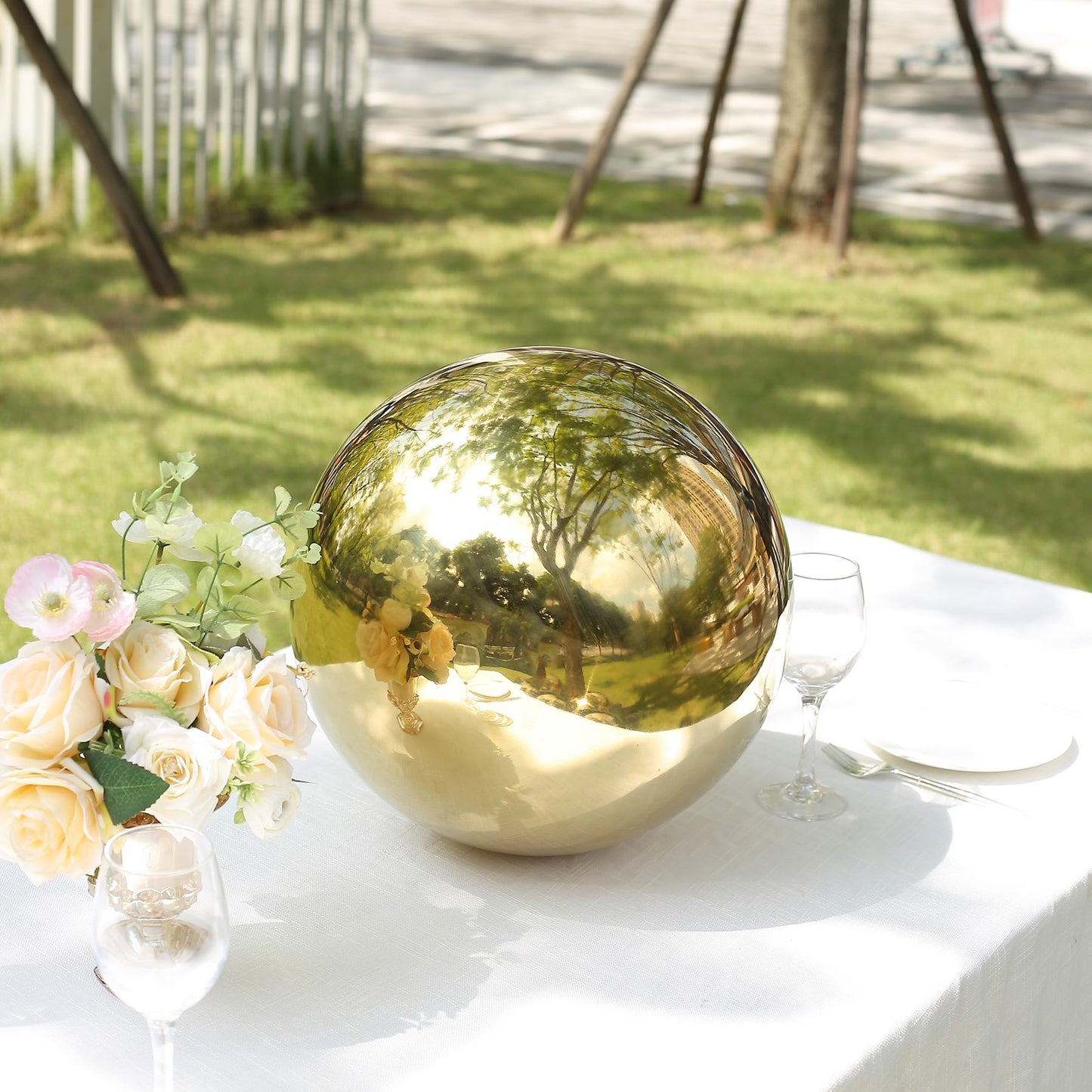 16" Gold Stainless Steel Shiny Mirror Gazing Ball, Reflective Hollow Garden Globe Sphere