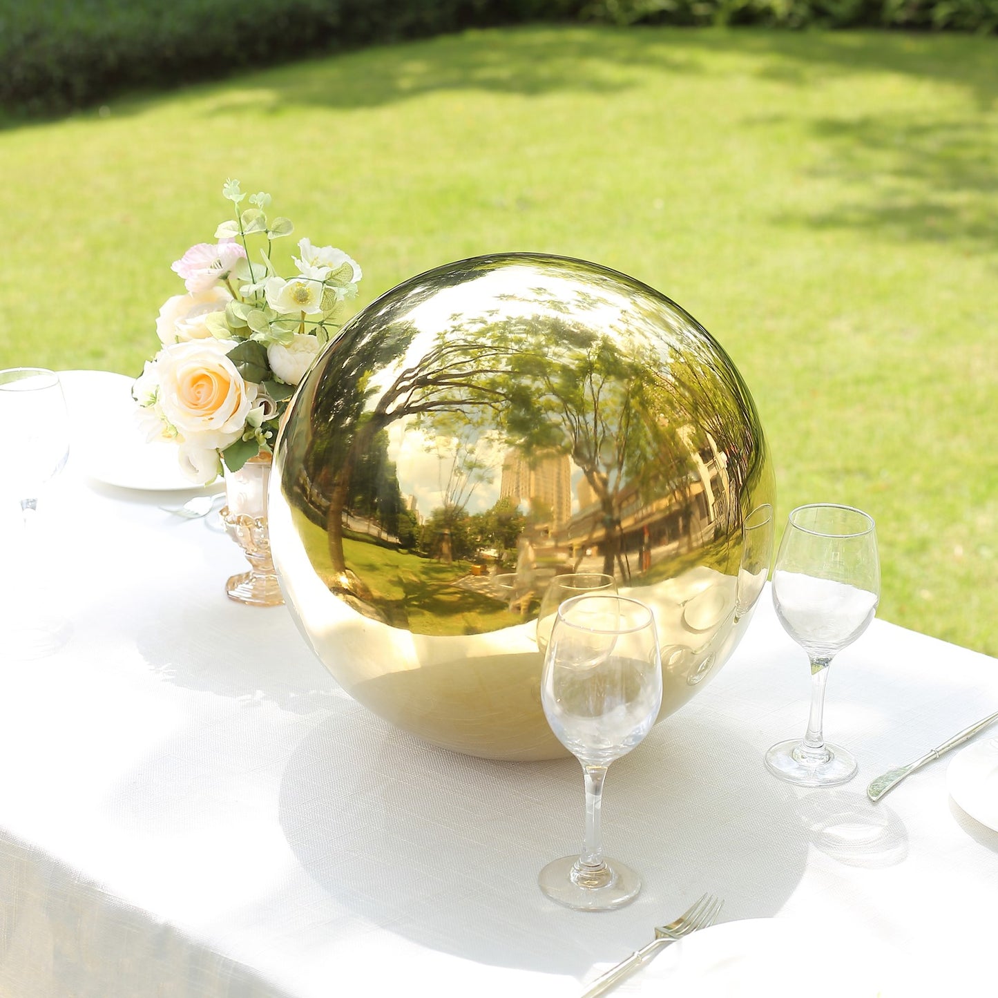 16" Gold Stainless Steel Shiny Mirror Gazing Ball, Reflective Hollow Garden Globe Sphere