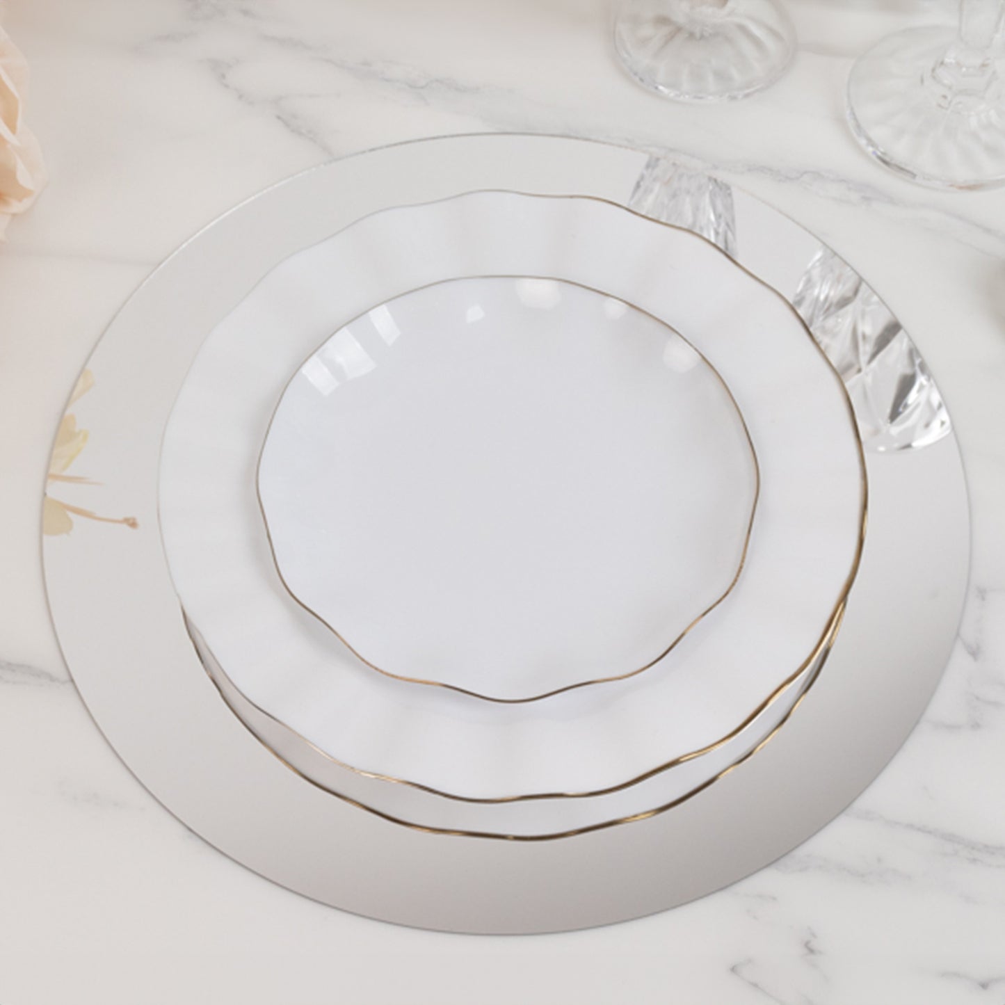 10 Pack Silver Round Acrylic Mirror Tray Centerpiece Bases, Circle Mirror Candle Plates for Table Setting- 12"