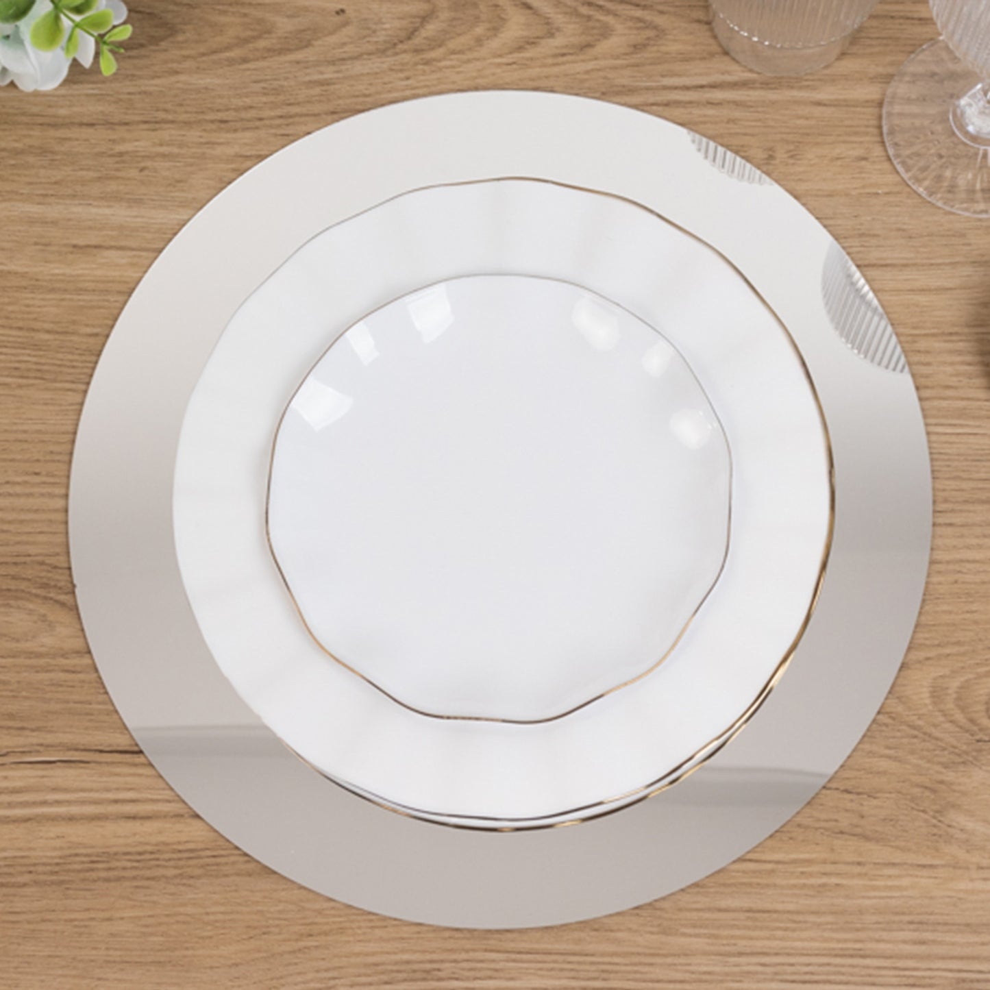 10 Pack Silver Round Acrylic Mirror Tray Centerpiece Bases, Circle Mirror Candle Plates for Table Setting- 12"