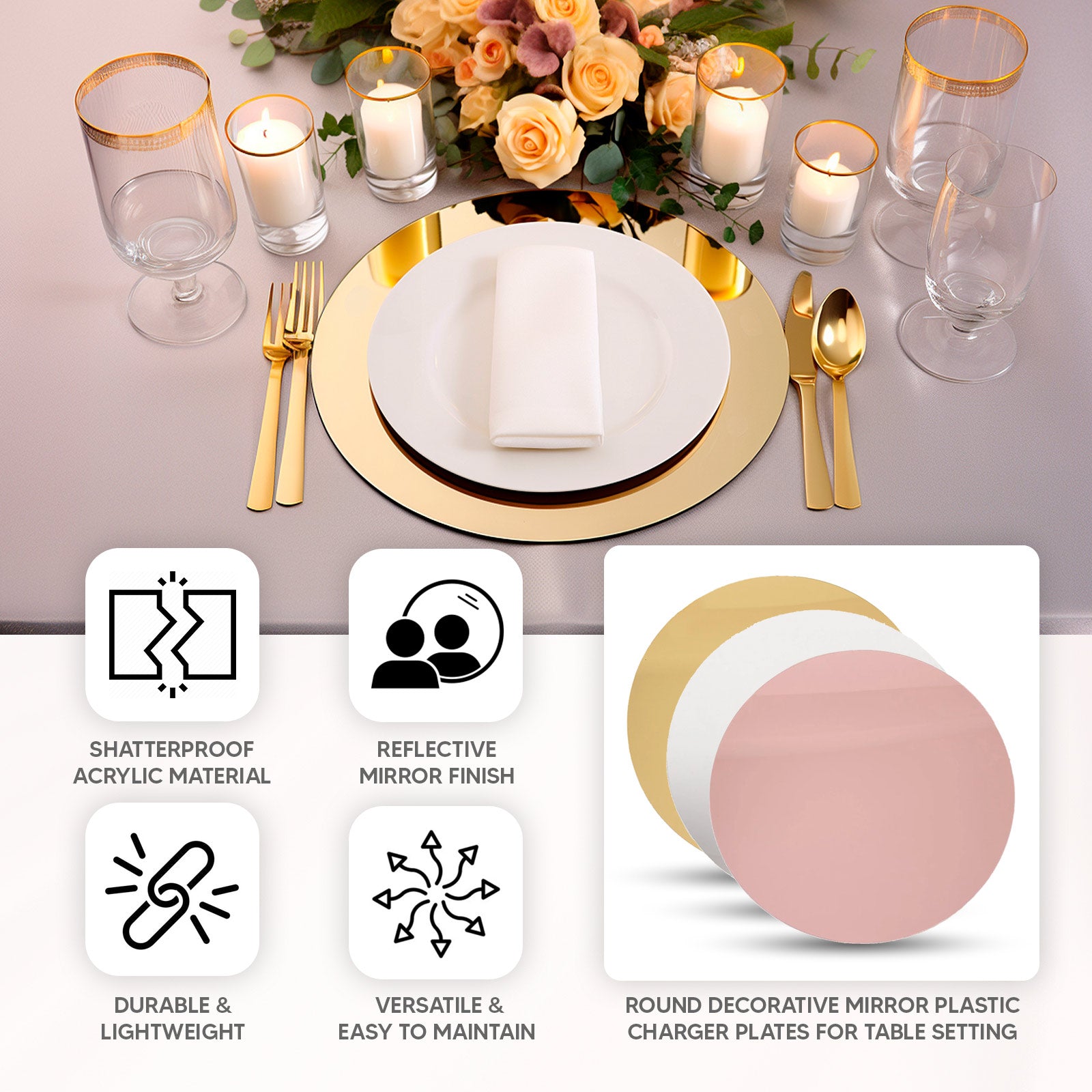 10-Pack Candle Plate Centerpiece Bases Circle Acrylic Mirror Tray Gold Round - Event Decor 10"