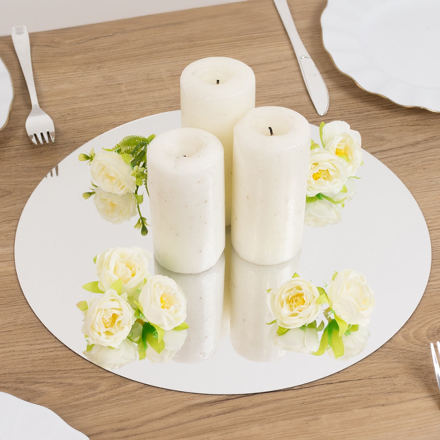 10 Pack Silver Round Acrylic Mirror Tray Centerpiece Bases, Large Circle Mirror Candle Plates for Decoration - 14"