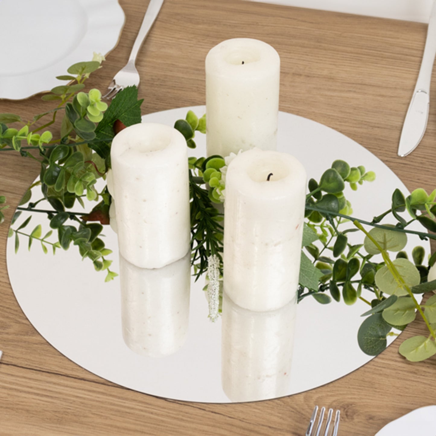 10 Pack Silver Round Acrylic Mirror Tray Centerpiece Bases, Large Circle Mirror Candle Plates for Decoration - 14"