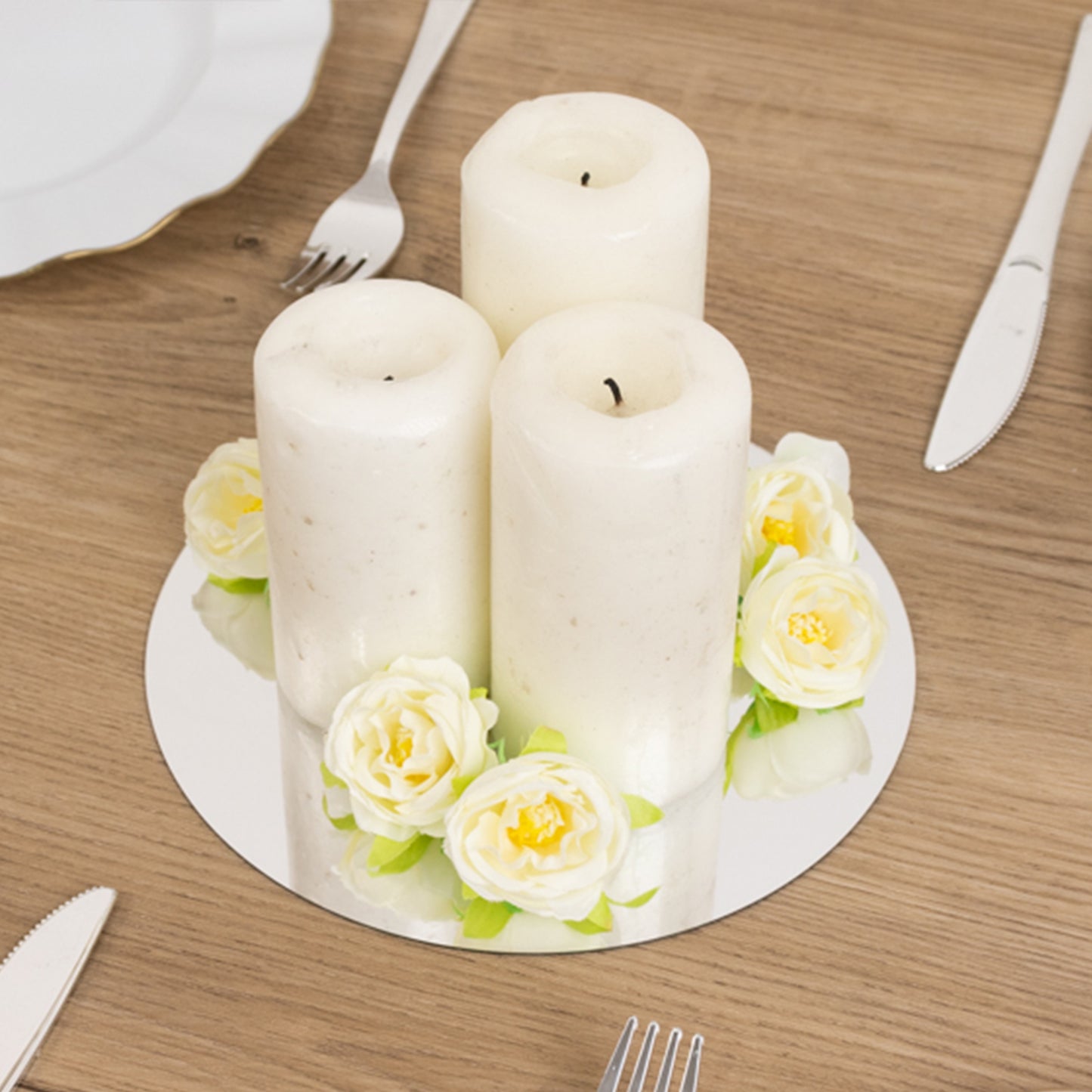 10 Pack Silver Round Acrylic Mirror Tray Centerpiece Bases, Circle Mirror Candle Plates for Decoration - 8"